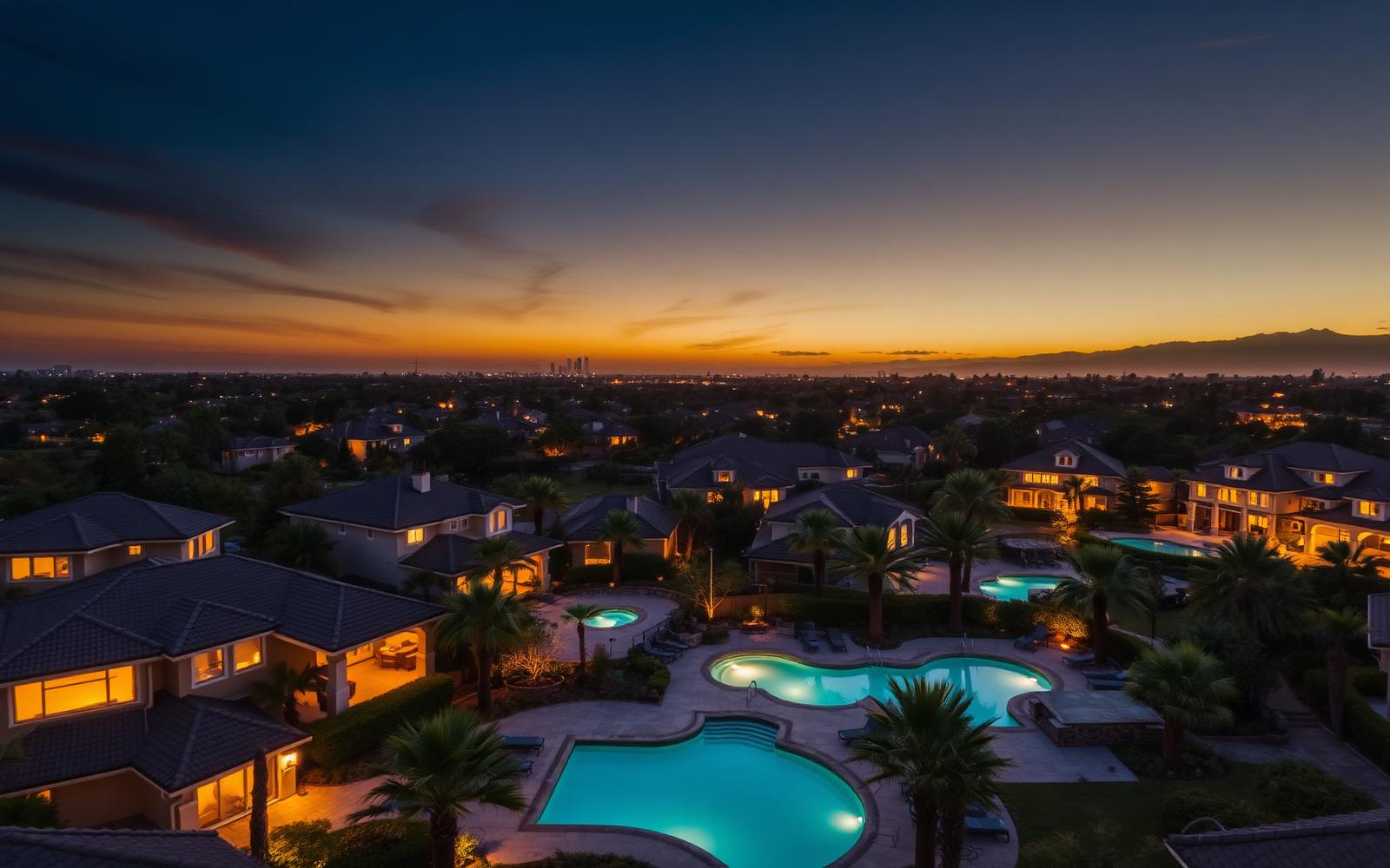 Aerial view of luxury neighborhood at twilight